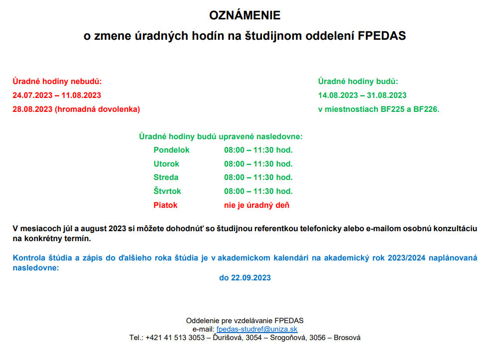 Oznámenie o zmene úradných hodín na študijnom oddelení FPEDAS